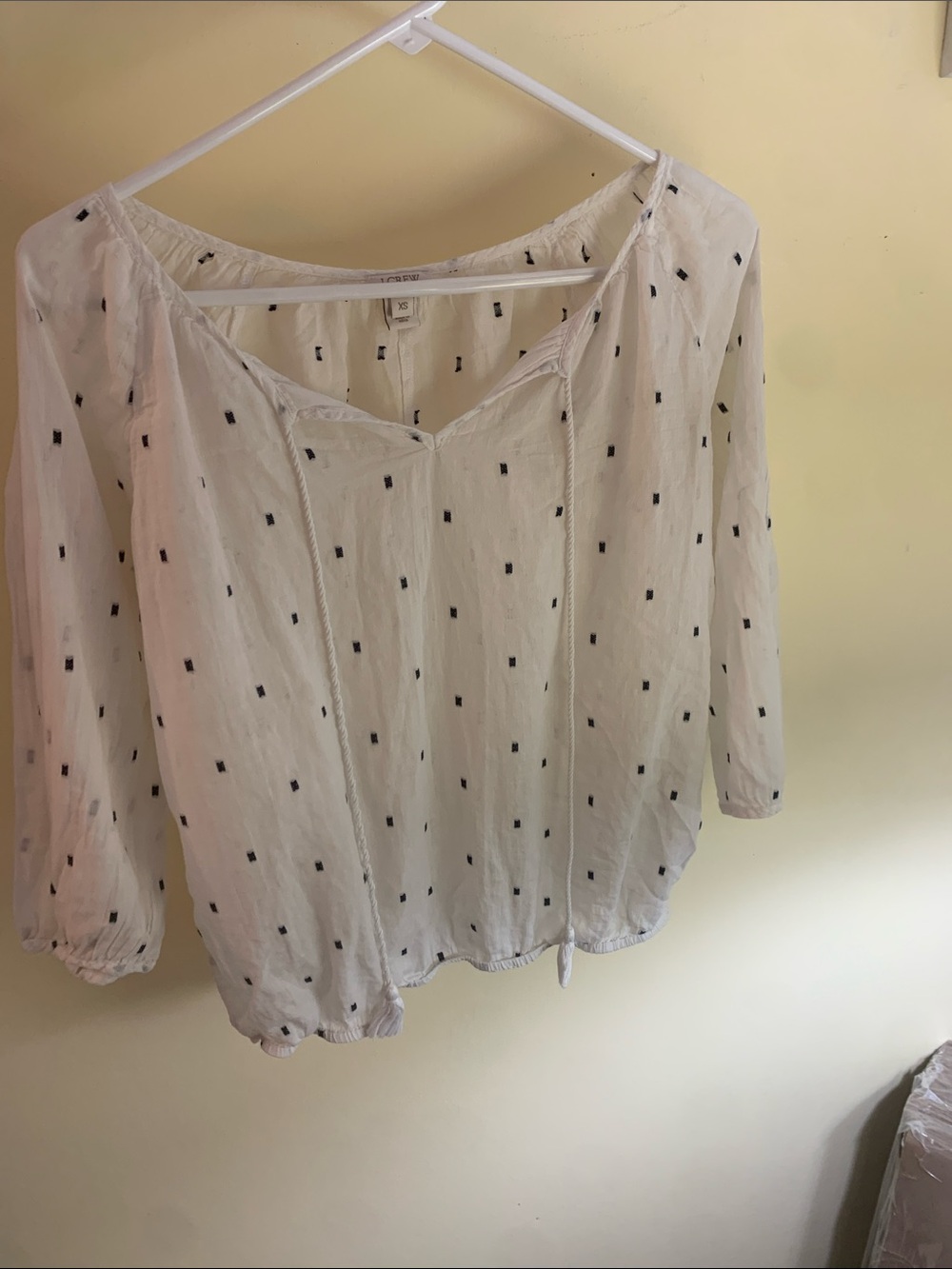 J. Crew White Peasant Blouse with Black Square Print
